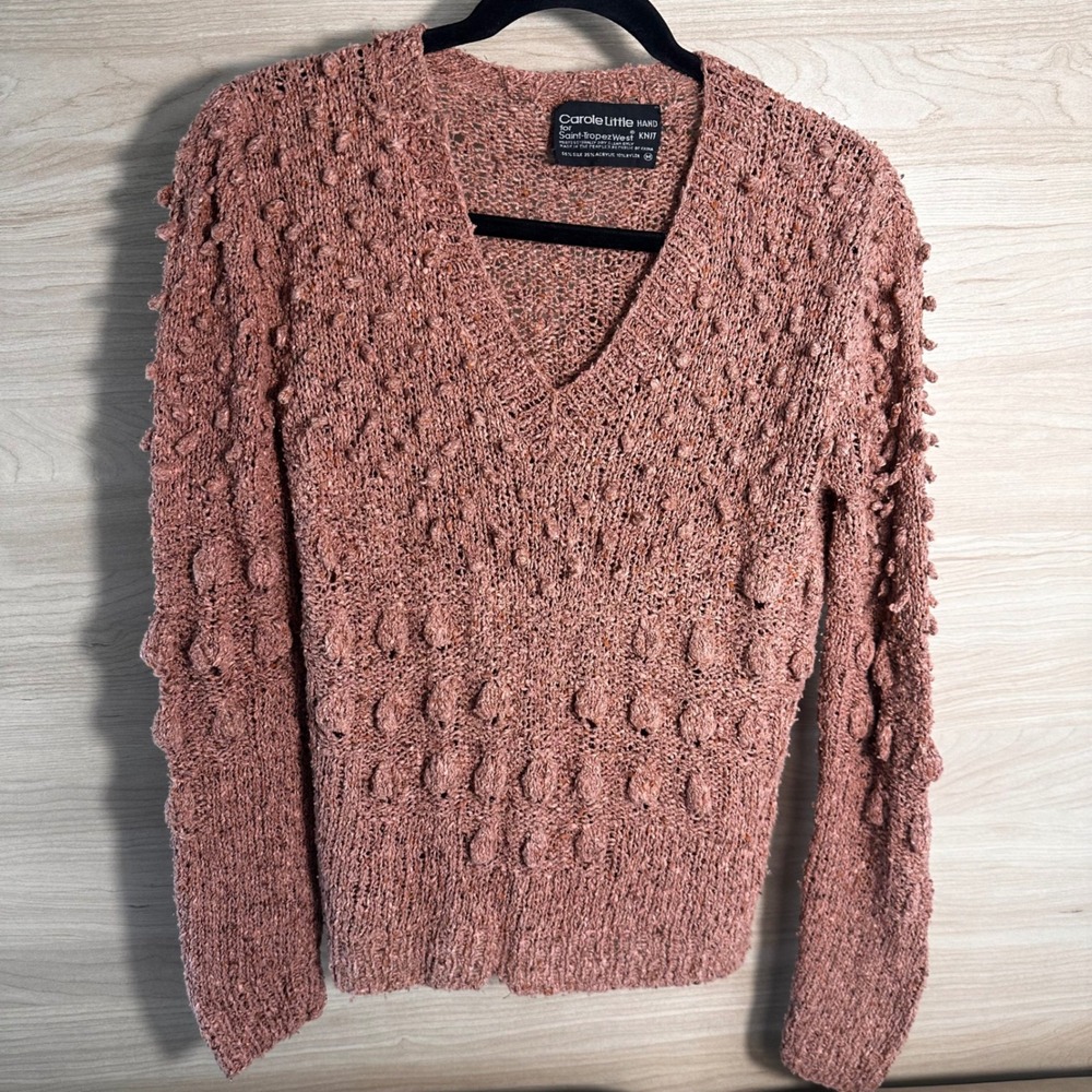 Carole Little Saint-Tropez West Hand Knit Silk Blend Popcorn V-Neck Sweater M